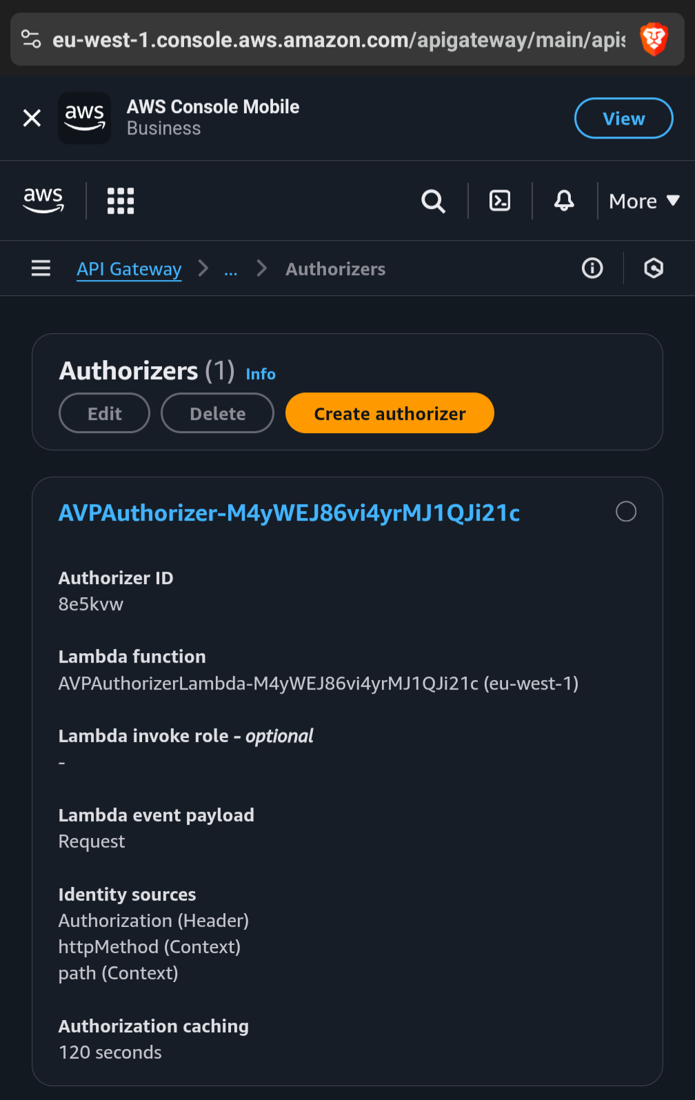 API Gateway Authorizer expected configuration